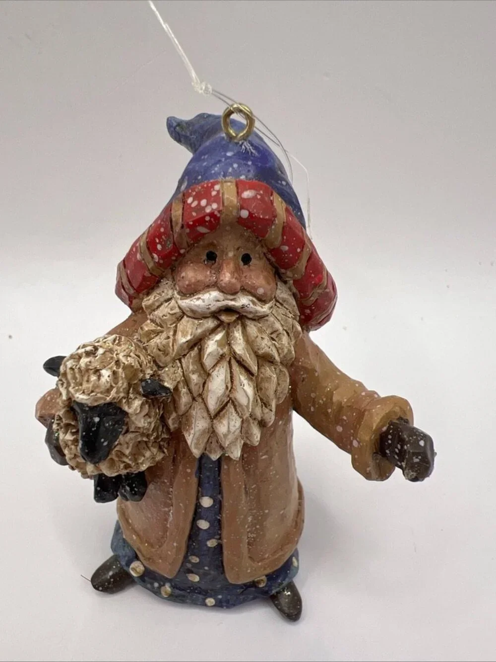 Vtg Carved Santa Folk Art Holding Sheep Wizard Santa Resin